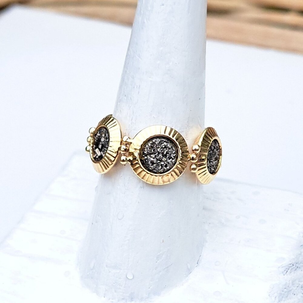 14K Yellow Gold Milor Italy Gray Druzy Medallion Link Ring - Picture 11 of 14